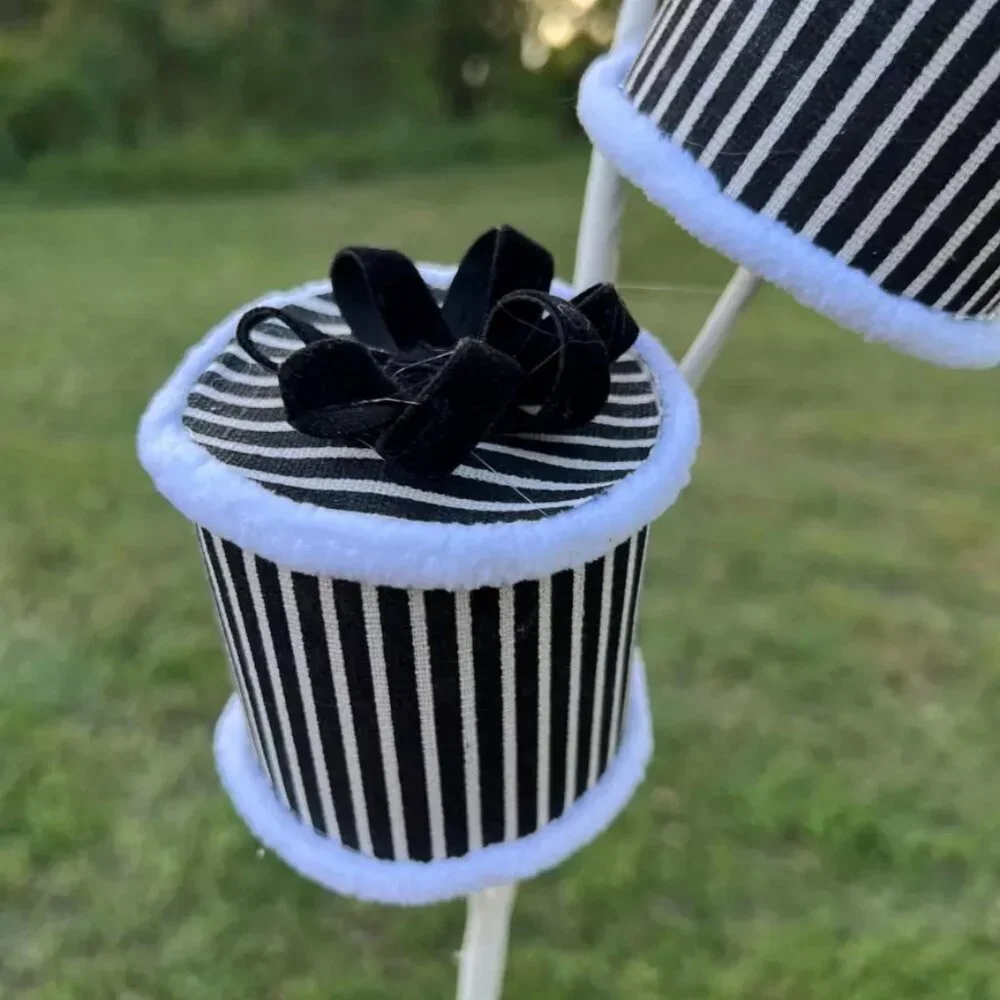 Black and White Striped Round Present Packages Spray Stem Christmas Pick